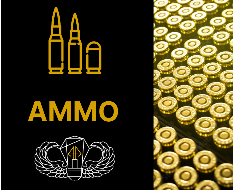 A logo with ammunition and the word ammo.