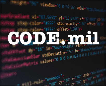 The word Code.mil with random code in the background.