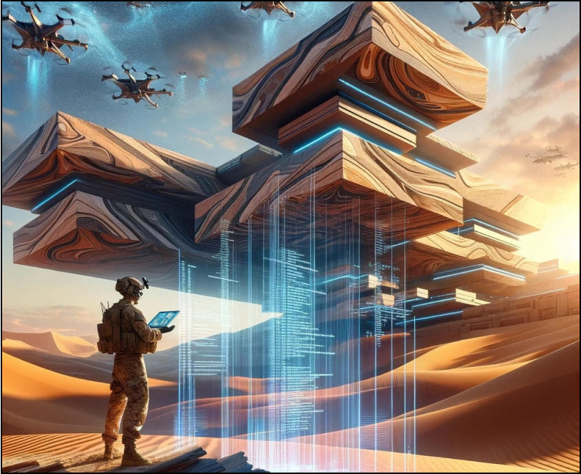 In the desert a soldier is looking up at futuristic floating building. Quad-copters are flying around.